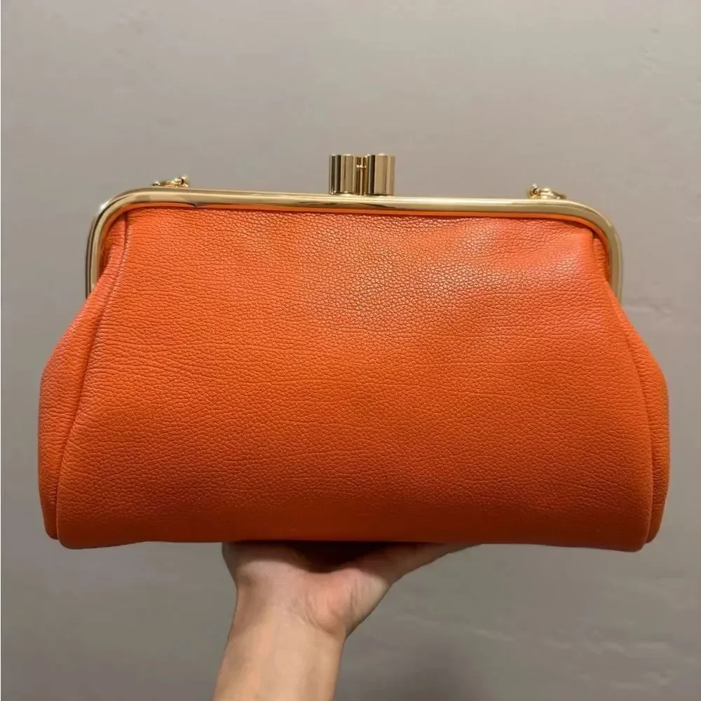 Orange Premium Pebble Cowhide Handmade Large Kiss Lock Handbag/ Multi Use Style